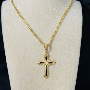 Black & Gold Cross Pendant on Micro Cuban Chain – 22” Necklace – 18K Gold Filled